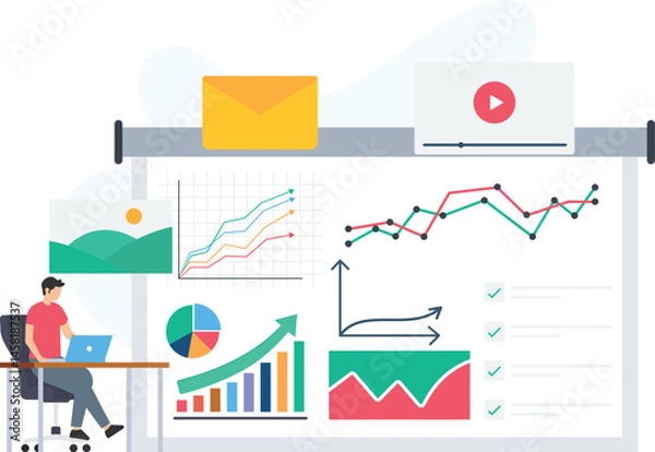 Fototapeta Business dashboard or performance tracker, real-time data or live analytics, KPI tracking or key metrics, data visualization or chart representation, financial overview or revenue tracking, sales perf