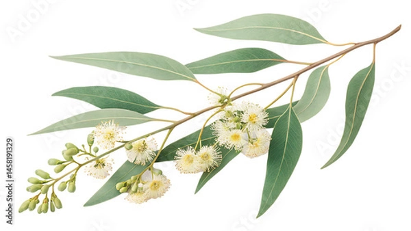 Fototapeta eucalyptus branch with flowers isolated on white transparent background PNG