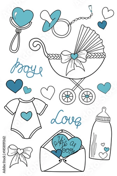 Fototapeta Cute baby boy vector clipart set in soft blue tones. Includes pacifier, bib, baby bottle and stroller. Ideal for newborn announcements, baby shower invitations, greeting cards, and nursery decor