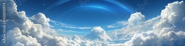 Obraz Panorama of blue sky and clouds infographic of cloud computing symbols nature aerial view conceptual representation