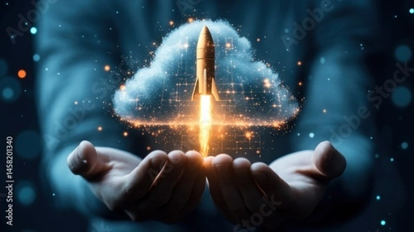 Fototapeta Golden rocket launching from cloud in hands innovation concept