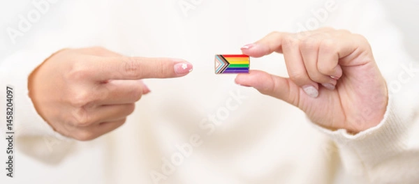 Obraz Happy pride month and LGBT or LGBTQ or LGBTQIA with rainbow flag Brooch pin for Lesbian, Gay, Bisexual, Transgender, Queer, Intersex, Non Binary, Marriage Equality Law, Pansexual and Demisexual