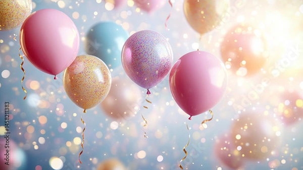 Fototapeta "A colorful vector illustration of helium balloons in pink, yellow, and other vibrant colors, floating in the air during a joyful party celebration. 