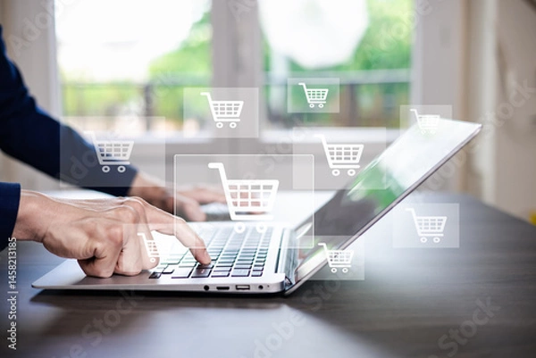 Fototapeta online shopping concept, marketplace website with virtual interface of online Shopping cart part of the network, Online shopping business with selecting shopping cart.