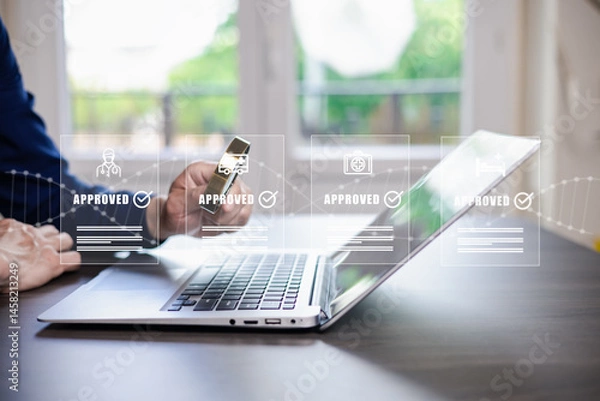 Fototapeta Online payment with digital marketing, Businessman touch banking online bill payment Approved concept button, credit card and network connection icon on business technology virtual screen background