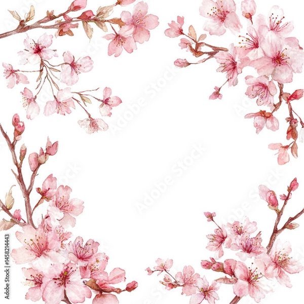 Fototapeta Delicate cherry blossom branches in elegant watercolor design for springtime decor and invitations, Elegant Sakura Branches Delicate Cherry Blossoms Frame Softly Textured Borders.