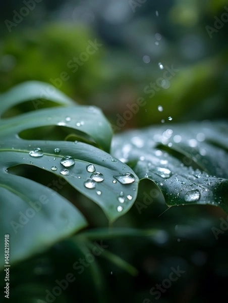 Fototapeta Raindrops falling on tropical leaves lush garden high-resolution nature photography close-up shot refreshing concept