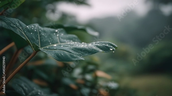 Fototapeta Raindrops falling on green leaves natural environment high-resolution stock photo freshness and serenity