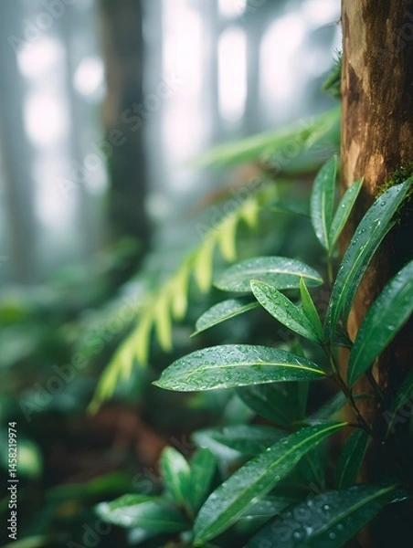 Fototapeta Refreshing rain-drenched greenery lush forest nature photography misty environment close-up perspective tranquility