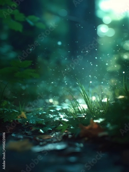 Fototapeta Enchanting rain shower in a lush green forest nature photography serene environment close-up view