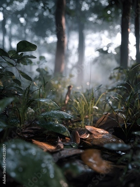 Fototapeta Mystical forest scene with lush greenery misty atmosphere nature photography tranquil environment close-up view