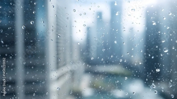 Fototapeta Rainy day closeup of raindrops on window urban setting nature photography soft focus calm atmosphere