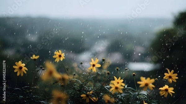 Fototapeta Refreshing rainfall on vibrant wildflower field nature landscape serenity close-up tranquil atmosphere
