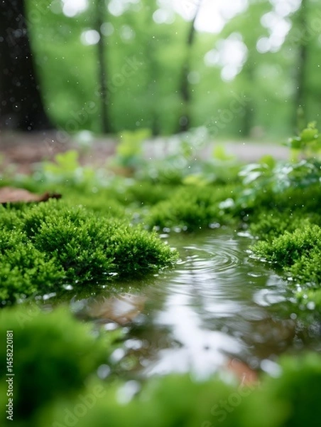 Fototapeta Rainforest floor action lush green environment nature photography close-up view of water and moss