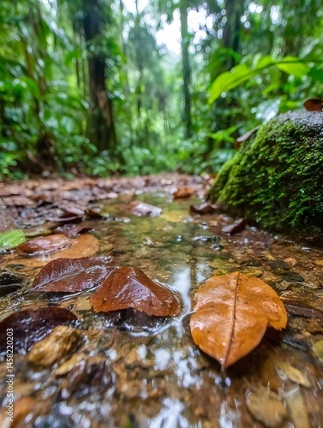 Fototapeta Exploring the rainforest floor leaves and water lush green environment ground level view nature photography