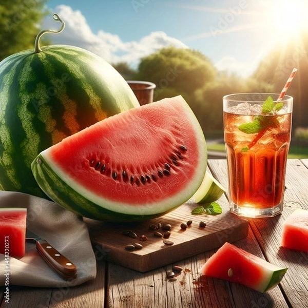 Obraz Juicy watermelon slices and iced tea on rustic wooden table.
