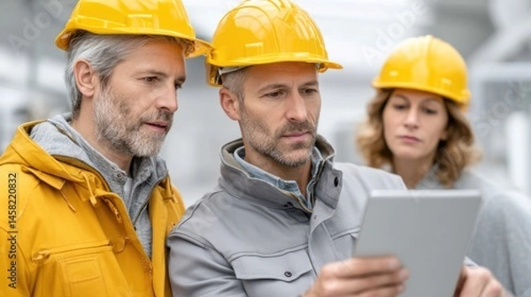 Fototapeta Team of engineers collaborating on a project in a construction site, using a tablet for planning and communication.