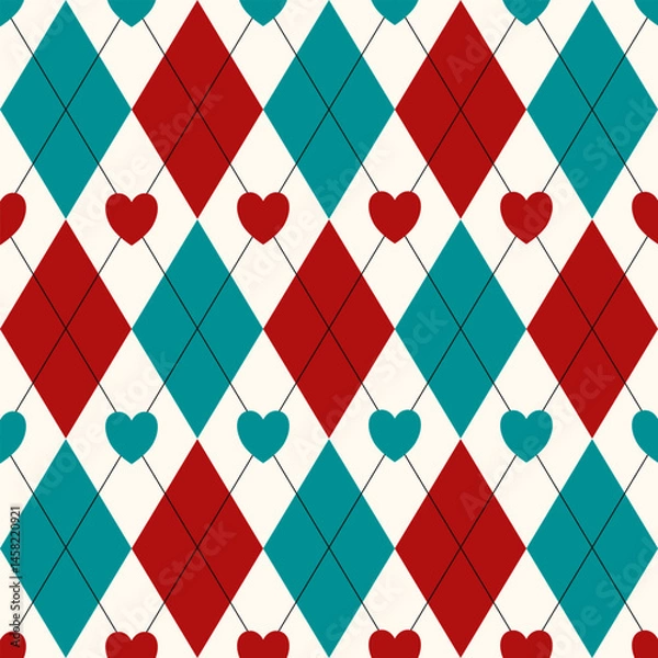 Fototapeta Argyle pattern of geometric rhombus. Harlequin design. Classic diamond shaped textile material for gift wrapping paper, socks, sweater, jumper, other modern textile or paper design.	