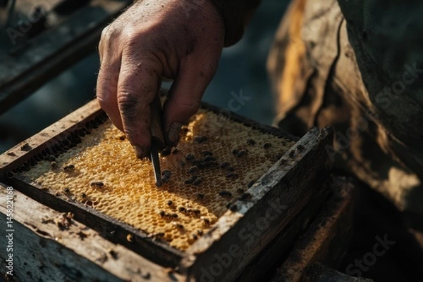 Obraz Beekeeper inspecting honeycomb frame, golden honeycombs and busy bees.