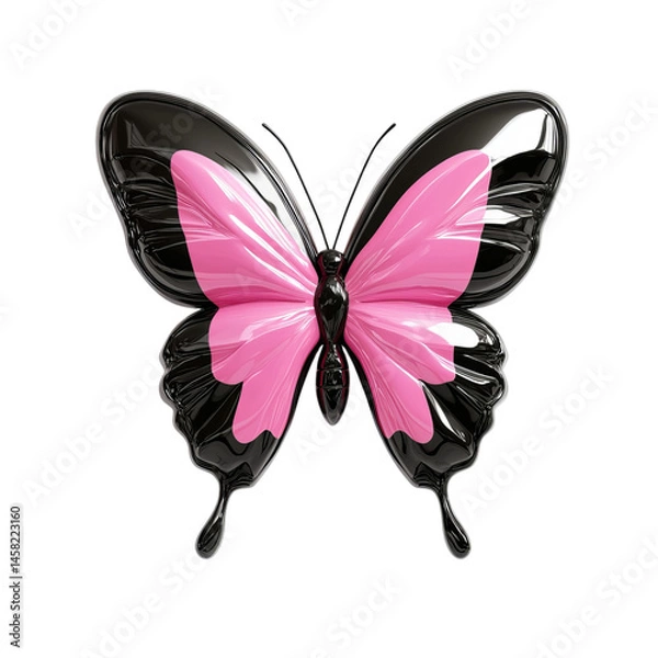 Fototapeta Png of A vibrant, stylized butterfly with glossy black and pink wings, showcasing a striking and artistic design.