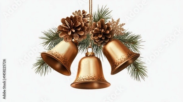Fototapeta Elegant Golden Bells Christmas Ornament with Pine Cones and Fir Branches