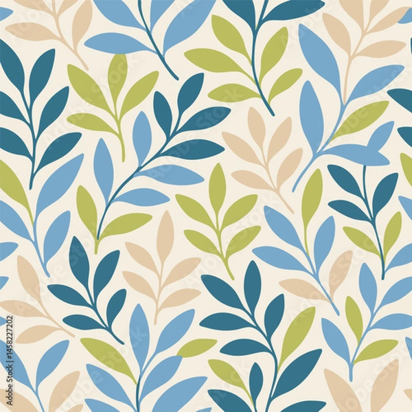 Fototapeta Seamless vector pattern featuring stylized branches with leaves in blue, green, and beige hues on a light background. Simple, elegant botanical illustration for wallpaper, fabric, or backgrounds