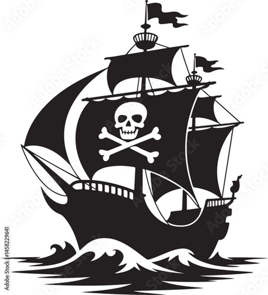 Fototapeta Pirate Ship Silhouette Vector Illustration of Skull Flag Vessel on Ocean Waves Perfect for Adventure, Fantasy, and Nautical Themes