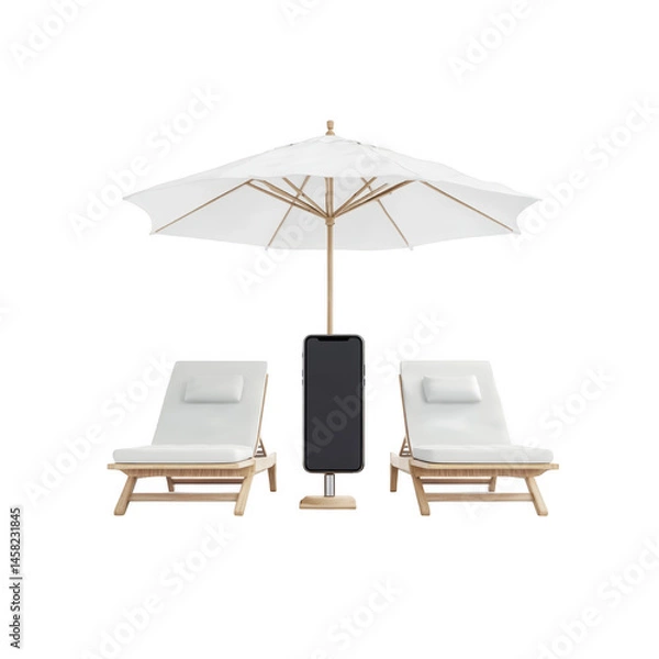 Fototapeta Beach chairs and umbrella with phone mockup isolated on transparent background