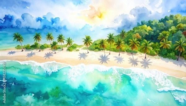 Fototapeta Serene Tropical Beach Watercolor Painting Palm Trees Shade White Sand Shore Turquoise Ocean Waves