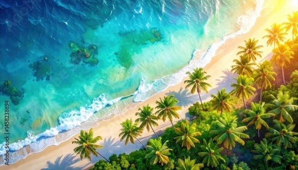 Fototapeta Stunning Aerial View of Tropical Beach Paradise with Palm Trees and Turquoise Ocean Waves