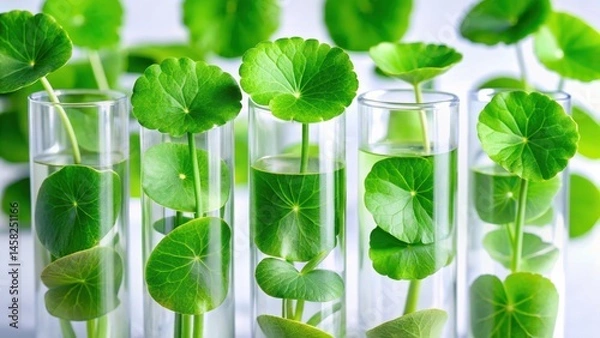 Obraz Fresh Centella asiatica leaves in biological test tubes with caps and labels, ready for cosmetic production, herbal research, biological testing