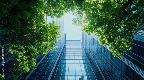 Fototapeta Urban Greenery: Skyscrapers and Lush Trees Reaching for the Sky