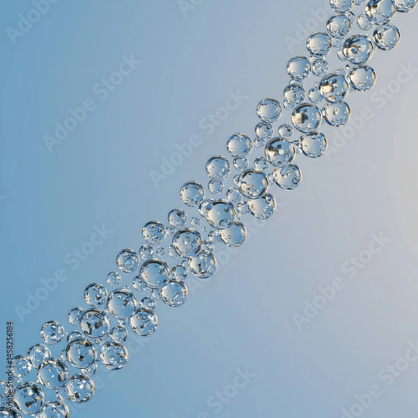 Fototapeta Abstract Water Bubbles: Diagonal Line of Sparkling Droplets, Blue Gradient Background on transparent background