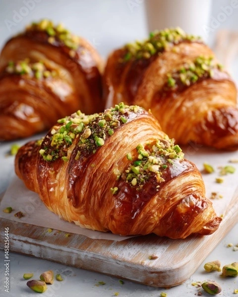Fototapeta Close-up of a fresh croissant in a bright, minimalistic still life setting. Styled with soft natural light, neutral tones, and elegant props for a clean and appetizing presentation.
