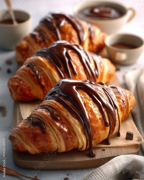 Fototapeta Close-up of a fresh croissant with chocolate in a bright, minimalistic still life setting. Styled with soft natural light, neutral tones, and elegant props for a clean and appetizing presentation.