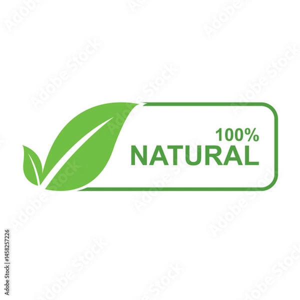 Obraz 100 Percent Natural Product Label with Green Leaves