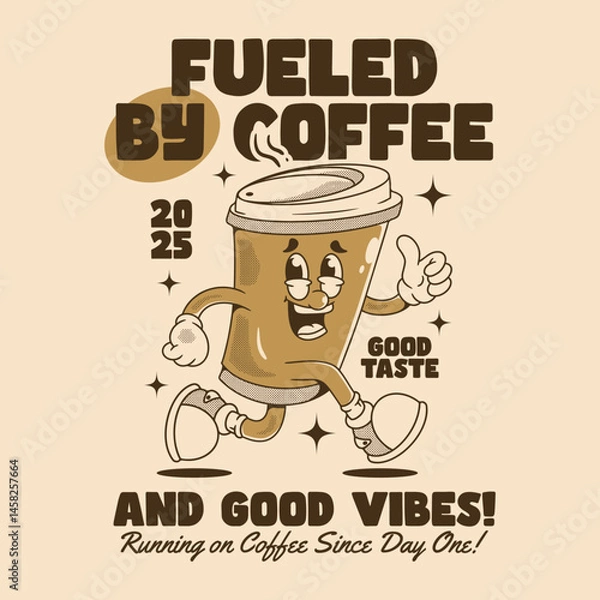 Fototapeta Cheerful Coffee Cup Character Running with Good Vibes and Tasty Motivation