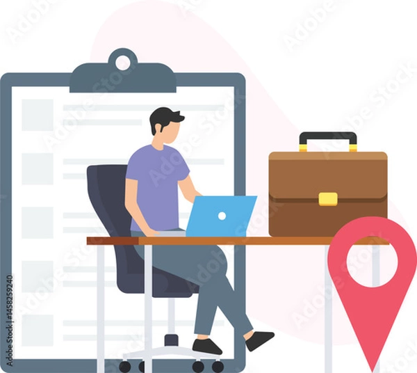 Fototapeta Workplace location or office address, job site or company headquarters, branch office or regional center, remote location or home office, coworking space or shared office

