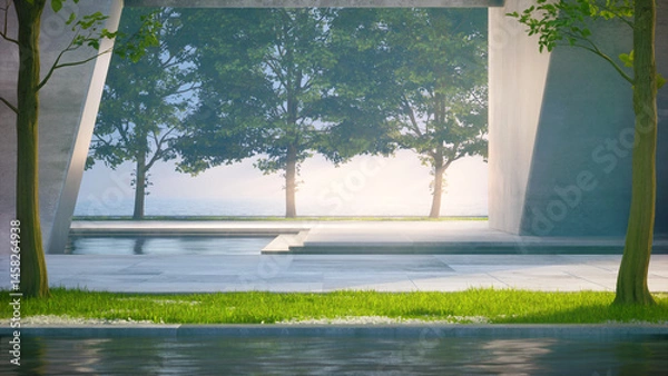 Fototapeta Empty concrete floor terrace near water in pond. 3d rendering of abstract gray building with garden and sea background.