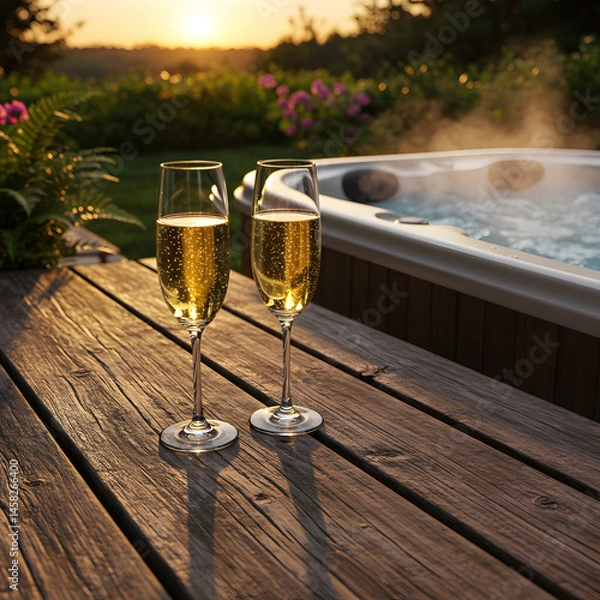 Fototapeta Relaxing Hot Tub Sunset: Champagne and Tranquility Await on transparent background