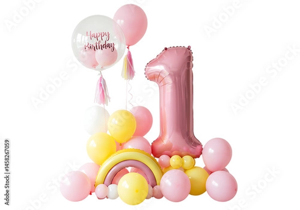 Fototapeta Colorful Balloon Arrangement with Large Number 1 on Isolated Background