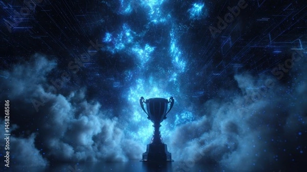 Obraz A 4K photo of e-Sports winner trophy on futuristic view of night sky filled with advanced technology neon lights.