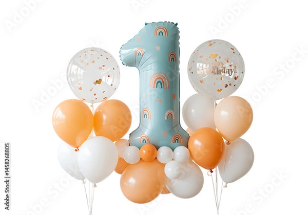 Fototapeta Colorful Balloon Arrangement with Large Number 1 on Isolated Background