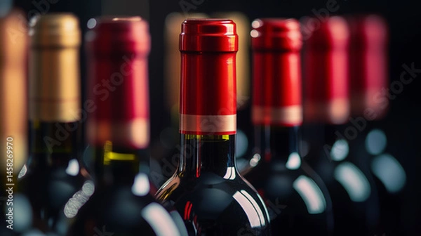 Obraz Bottles of wine with red caps on dark background, wine cellar. Red wine, bar. Warm colors, dark cozy atmosphere. Close up photo. Bar, wine tasting.