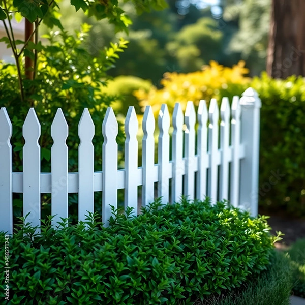 Fototapeta white picket fence with lush green bushes at base creates charming outdoor scene