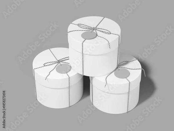 Fototapeta White Blank Three Round Gift Boxes Mockup Stacked Neatly 3D Rendering Present Packaging