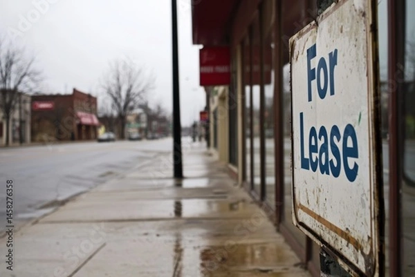 Fototapeta A sidewalk outside a closed business with a "For Lease" sign. The former owner is taking photos and imagining the next idea.