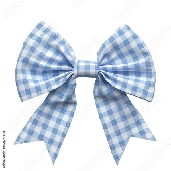 Fototapeta Front view of a light blue gingham bow isolated on a white transparent background.
