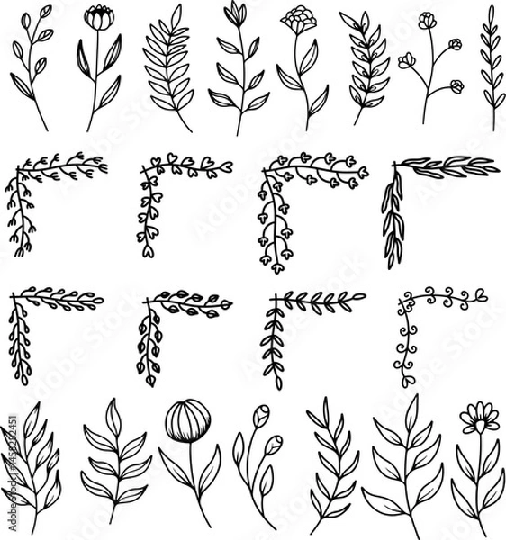 Obraz Set of hand drawn leaves, branches, flowers, flourishes. Design element for banner, sign, poster, decoration. Vector illustration