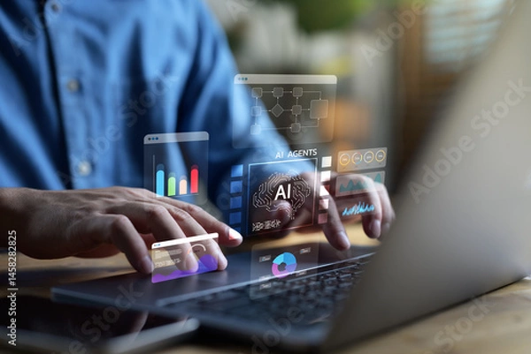 Fototapeta Person working on laptop with virtual AI agent dashboards, neural interface charts, performance analytics, symbolizing artificial intelligence workflow, data-driven decisions, smart automation systems